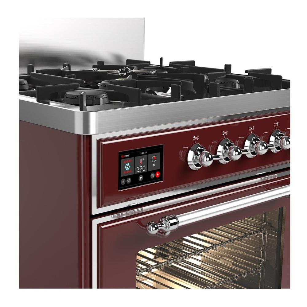 Ilve UM30NR3BUC Ilve Um30Nr3Buc Majestic Iii 30 Inch Dual Fuel Range With 5 Black Brass Burners, Dual Function Burner Up To 25,000 Btu (Natural Gas, Triple Glass Door, Burgundy, Chrome)