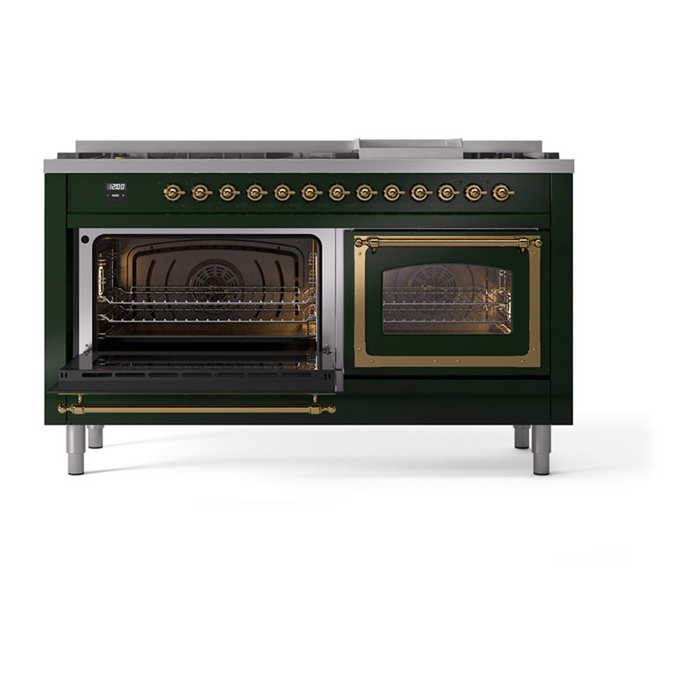 Ilve UN60FNMPEGG Ilve Un60Fnmpegg Nostalgie Ii Noblesse 60" Dual Fuel Range (9 Sealed Burners + Griddle, Natural Gas, Triple Glass Door, Emerald Green, Brass)