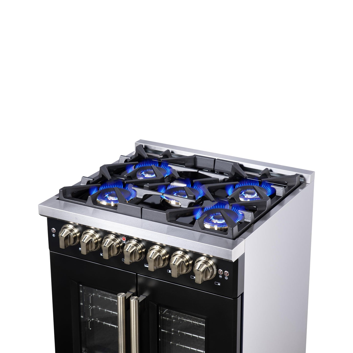 Forno FFSGS638730BLK Forno Capriasca 30-Inch Freestanding French Door Dual Fuel Range In Black With Antique Brass Accessories, 5 Burners, True Convection Oven
