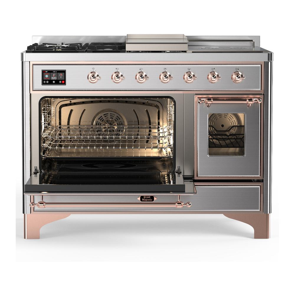Ilve UM48FSNR3SSP Ilve Um48Fsnr3Ssp Majestic Iii 48 Inch Dual Fuel Range With 5 Black Brass Burners, Griddle And French Top, Dual Function Burner Up To 25,000 Btu (Natural Gas, Triple Glass Door, Stainless Steel, Copper)