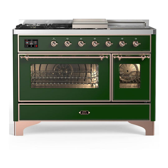 Ilve UM48FSNR3EGPLP Ilve Um48Fsnr3Egplp Majestic Iii 48 Inch Dual Fuel Range With 5 Black Brass Burners, Griddle And French Top, Dual Function Burner Up To 25,000 Btu (Liquid Propane, Triple Glass Door, Emerald Green, Copper)