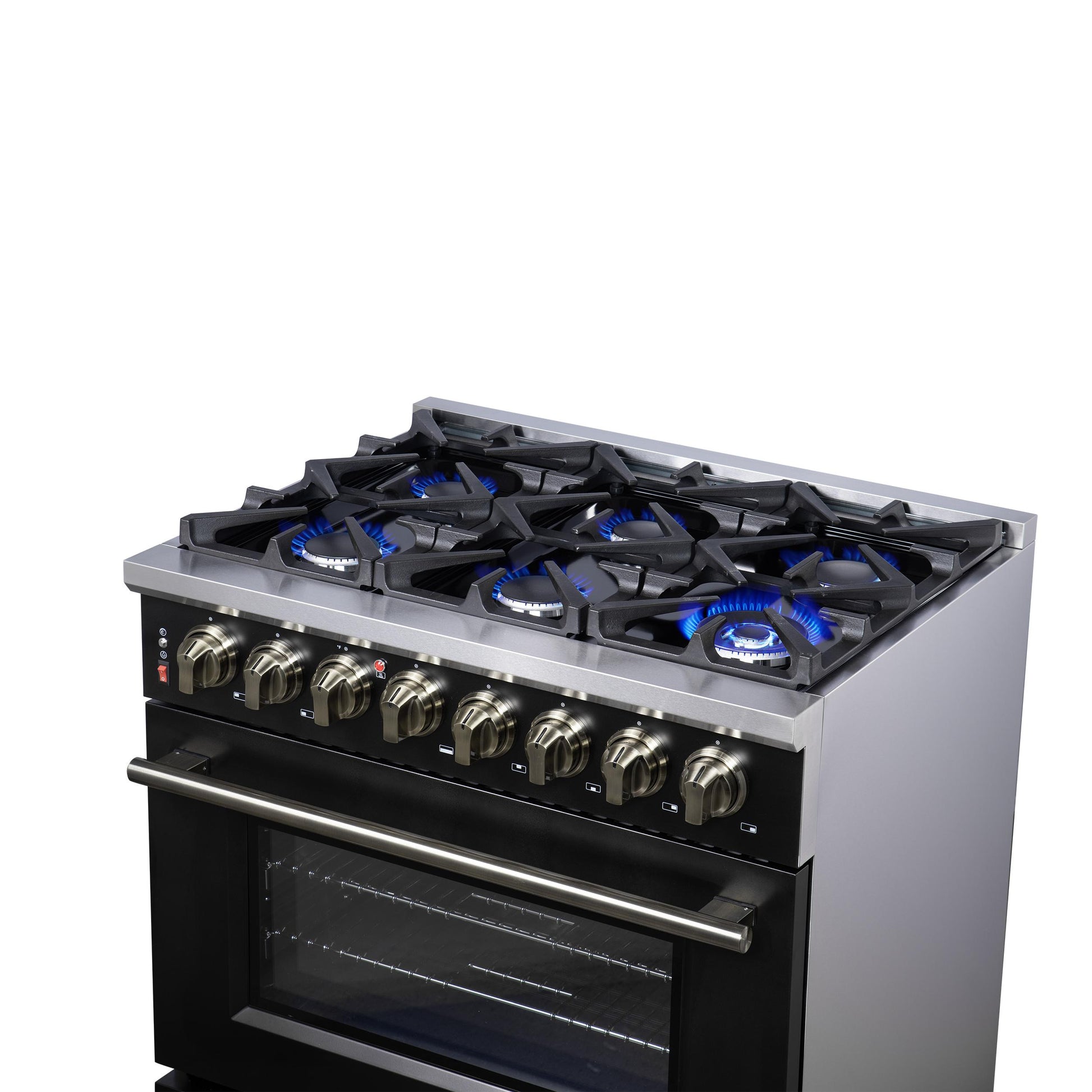 Forno FFSGS612536BLK Forno Massimo 36 Inch Freestanding Dual Fuel Range In Black With Antique Brass Accessories, 6 Burners, 5.36 Cu. Ft. Convection Oven