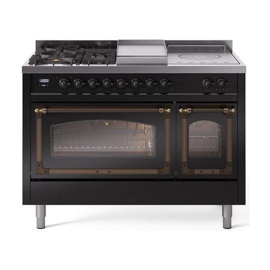 Ilve UN48FSNMPBKB Ilve Un48Fsnmpbkb Nostalgie Ii Noblesse 48" Dual Fuel Range (5 Sealed Burners + Griddle + French Top, Natural Gas, Triple Glass Door, Glossy Black, Burnished)