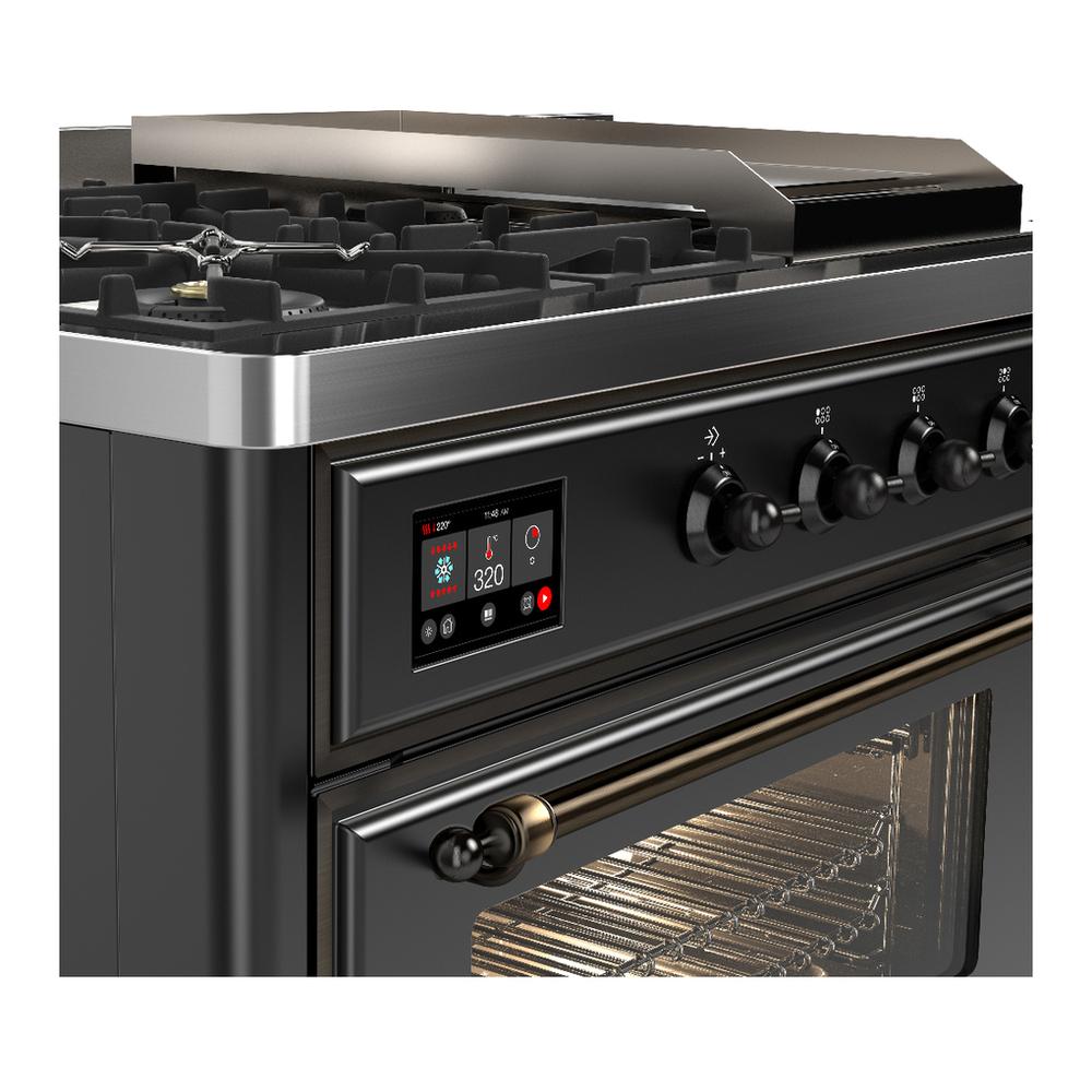 Ilve UM48FSNR3MGB Ilve Um48Fsnr3Mgb Majestic Iii 48 Inch Dual Fuel Range With 5 Black Brass Burners, Griddle And French Top, Dual Function Burner Up To 25,000 Btu (Natural Gas, Triple Glass Door, Graphite Matte, Burnished)