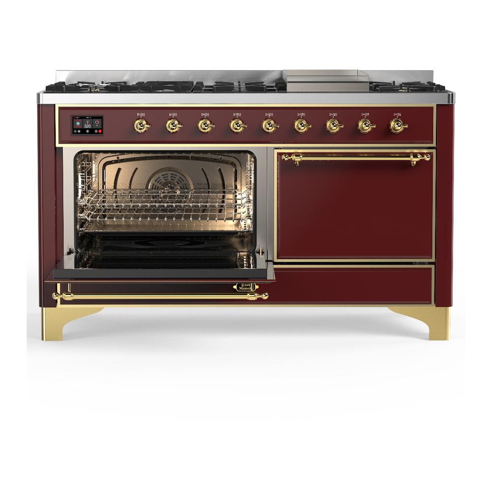Ilve UM60FQNR3BUGLP Ilve Um60Fqnr3Buglp Majestic Iii 60 Inch Dual Fuel Range With 9 Burners And Griddle, Dual Function Burner Up To 25,000 Btu (Liquid Propane, Solid Door, Burgundy, Brass)
