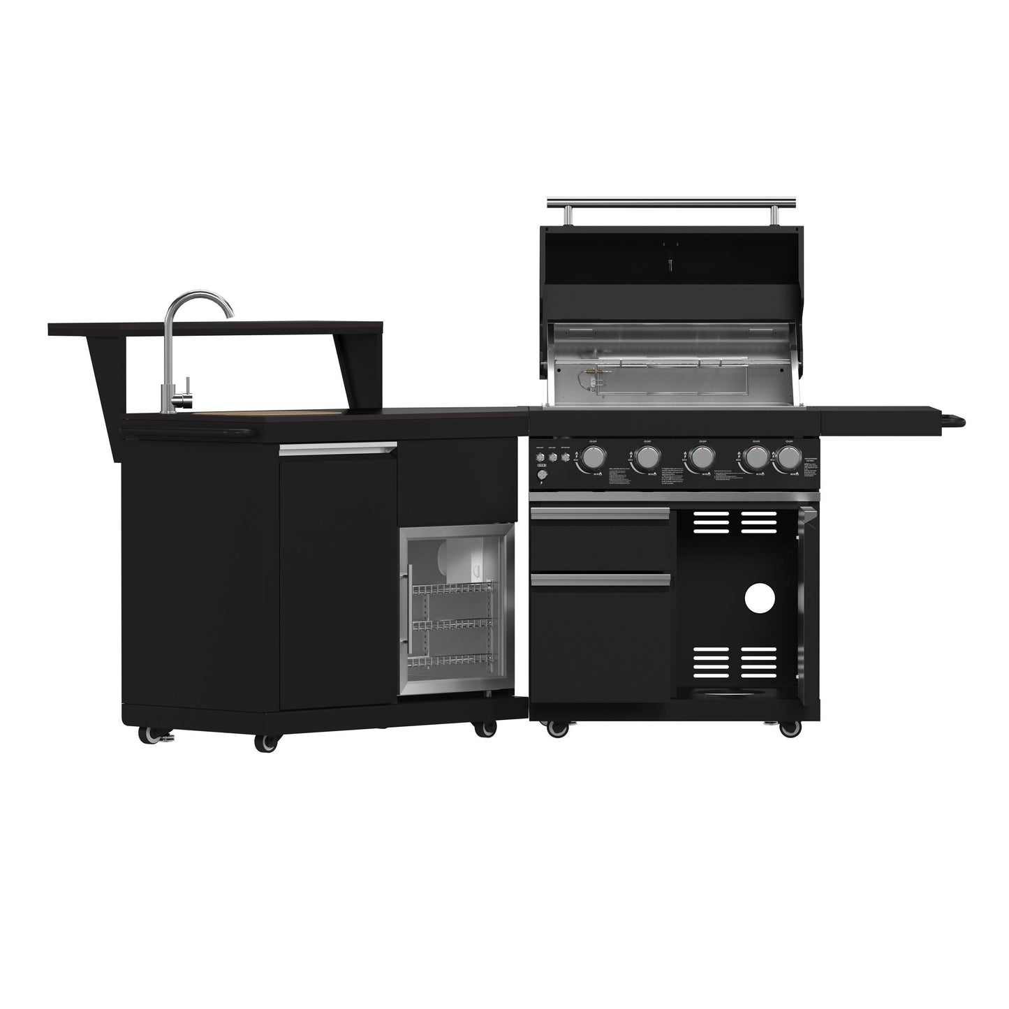 Forno FODKT2582BLK Forno All Aperto 62,600 Btu Bbq, 3 Stainless Steel Burners, Infrared Burners, Sink Module, Black Sintered Stone Countertops, Bar And Beverage Center