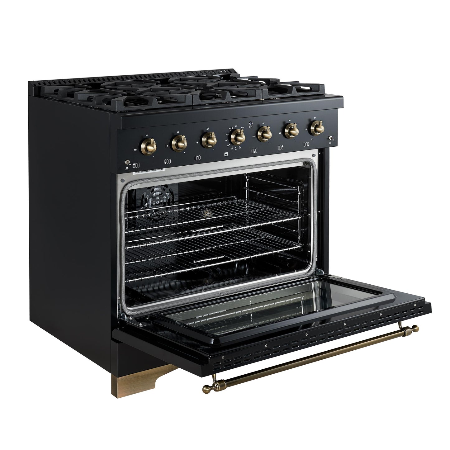 Forno FFSGS611336BLK Forno Antico 36-Inch Dual Fuel Range, Black And Antique Brass, 6 Burners, 4.5 Cu.Ft. Convection Oven