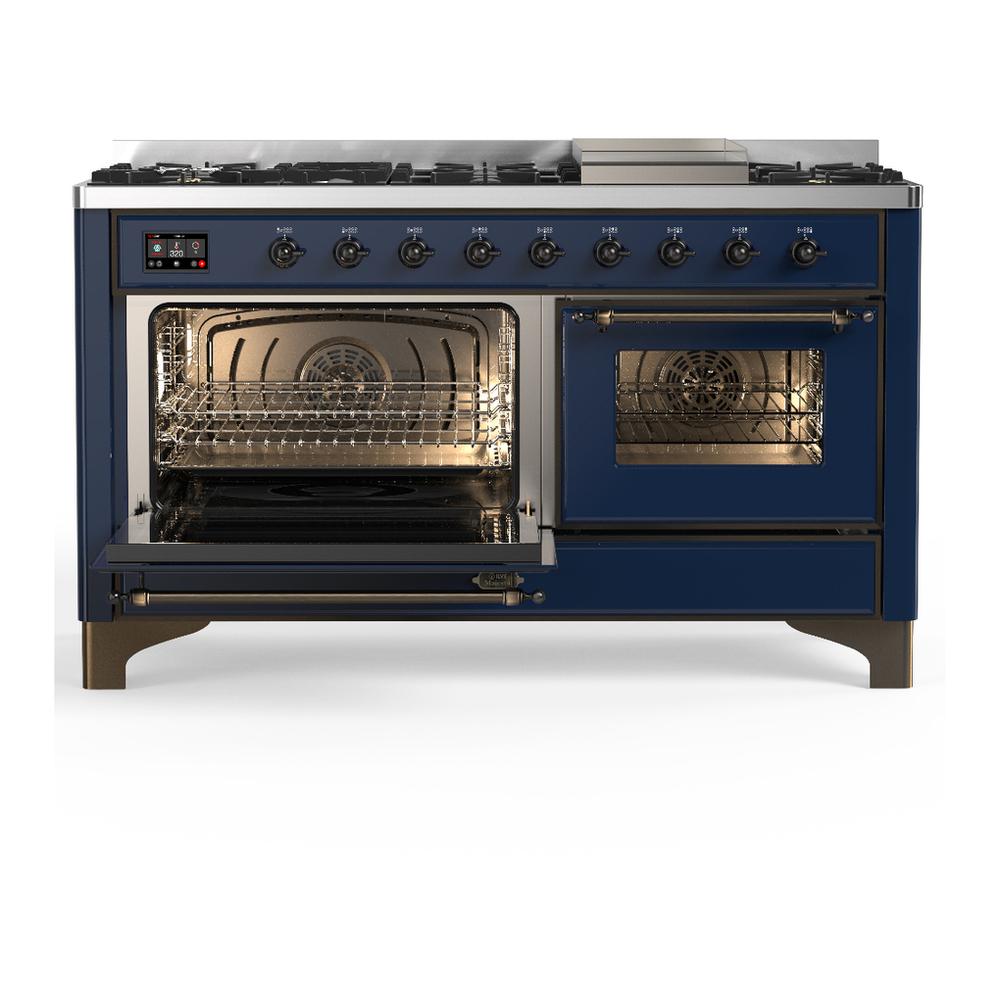 Ilve UM60FNR3MBBLP Ilve Um60Fnr3Mbblp Majestic Iii 60 Inch Dual Fuel Range With 9 Burners And Griddle, Dual Function Burner Up To 25,000 Btu (Liquid Propane, Triple Glass Door, Midnight Blue, Burnished)
