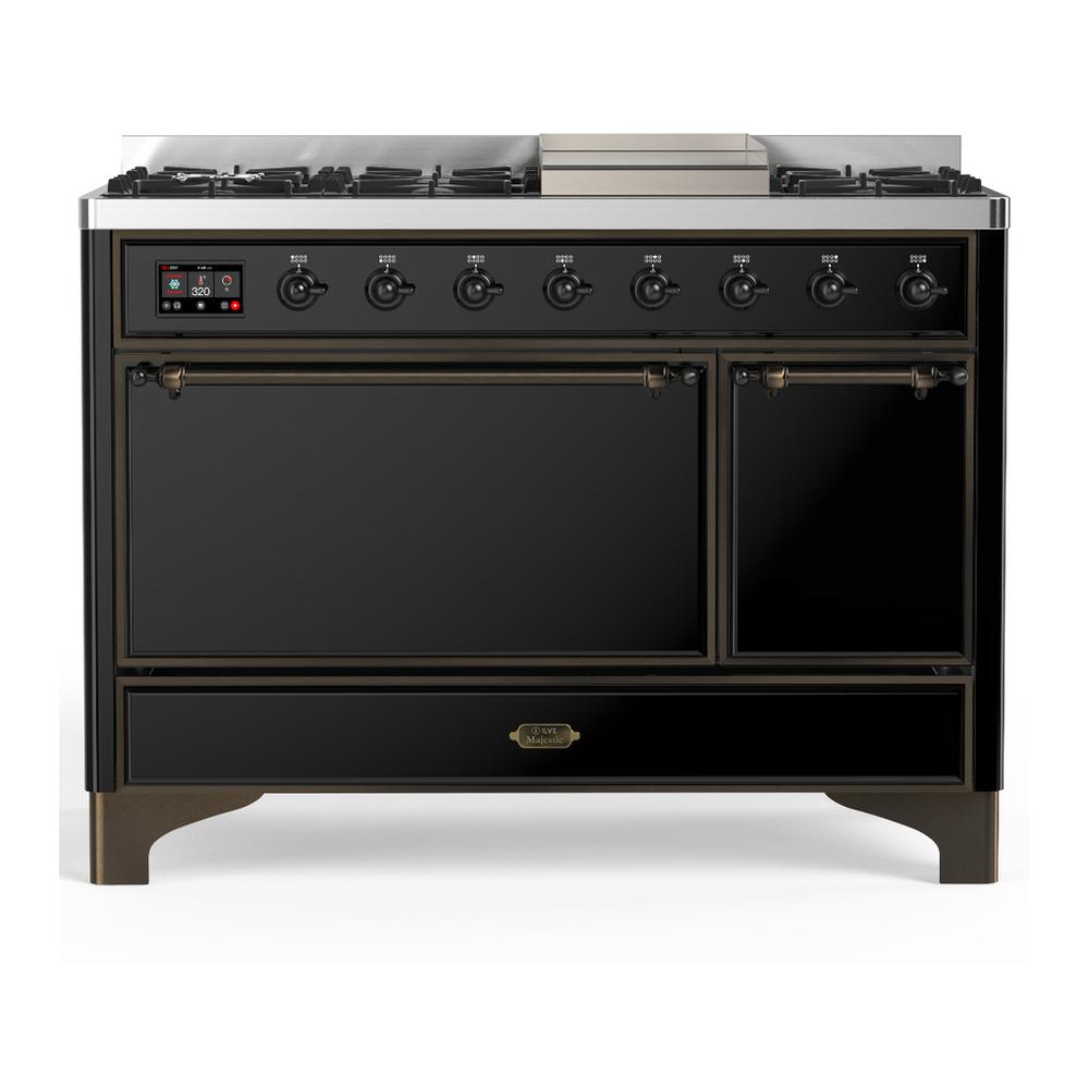 Ilve UM48FQNR3BKB Ilve Um48Fqnr3Bkb Majestic Iii 48 Inch Dual Fuel Range With 8 Burners And Griddle, Dual Function Burner Up To 25,000 Btu (Natural Gas, Solid Door, Glossy Black, Burnished)