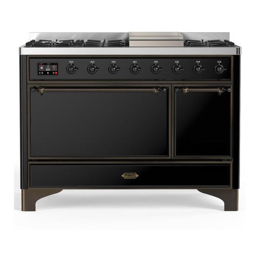 Ilve UM48FQNR3BKB Ilve Um48Fqnr3Bkb Majestic Iii 48 Inch Dual Fuel Range With 8 Burners And Griddle, Dual Function Burner Up To 25,000 Btu (Natural Gas, Solid Door, Glossy Black, Burnished)