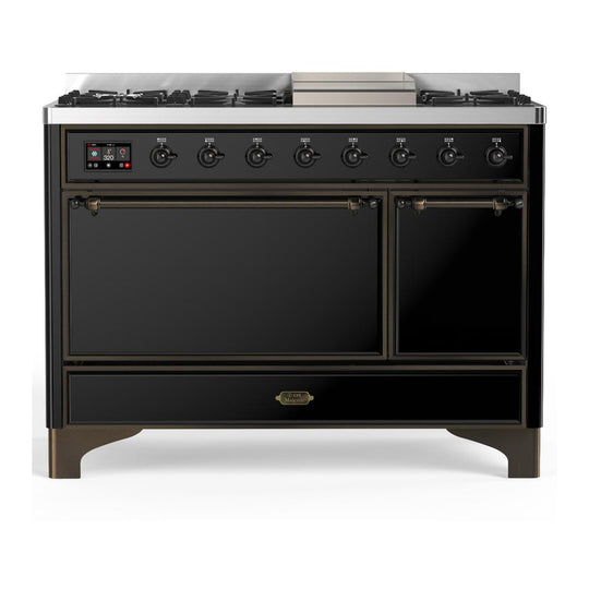 Ilve UM48FQNR3BKB Ilve Um48Fqnr3Bkb Majestic Iii 48 Inch Dual Fuel Range With 8 Burners And Griddle, Dual Function Burner Up To 25,000 Btu (Natural Gas, Solid Door, Glossy Black, Burnished)