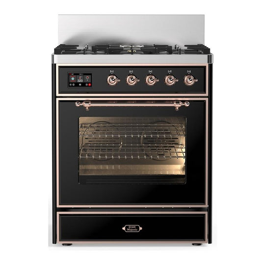 Ilve UM30NR3BKPLP Ilve Um30Nr3Bkplp Majestic Iii 30 Inch Dual Fuel Range With 5 Black Brass Burners, Dual Function Burner Up To 25,000 Btu (Liquid Propane, Triple Glass Door, Glossy Black, Copper)