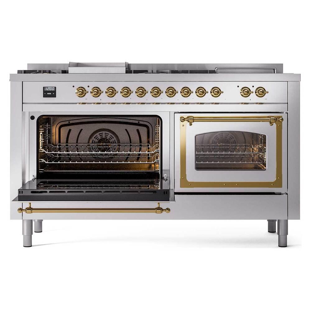 Ilve UN60FSNMPSSG Ilve Un60Fsnmpssg Nostalgie Ii Noblesse 60" Dual Fuel Range (7 Sealed Burners + Griddle + French Top, Natural Gas, Triple Glass Door, Stainless Steel, Brass)
