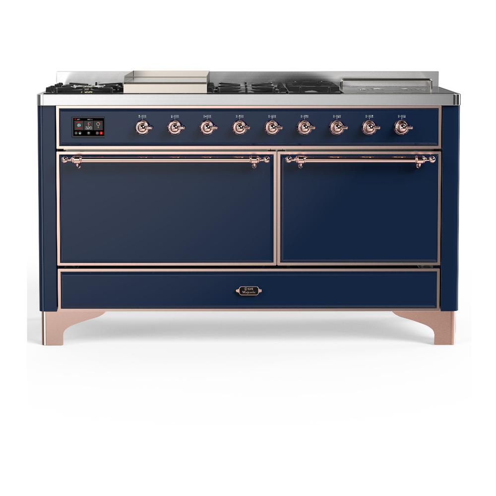 Ilve UM60FSQNR3MBPLP Ilve Um60Fsqnr3Mbplp Majestic Iii 60 Inch Dual Fuel Range With 7 Burners, Griddle And French Top, Dual Function Burner With Up To 25,000 Btu (Liquid Propane, Solid Door, Midnight Blue, Copper)
