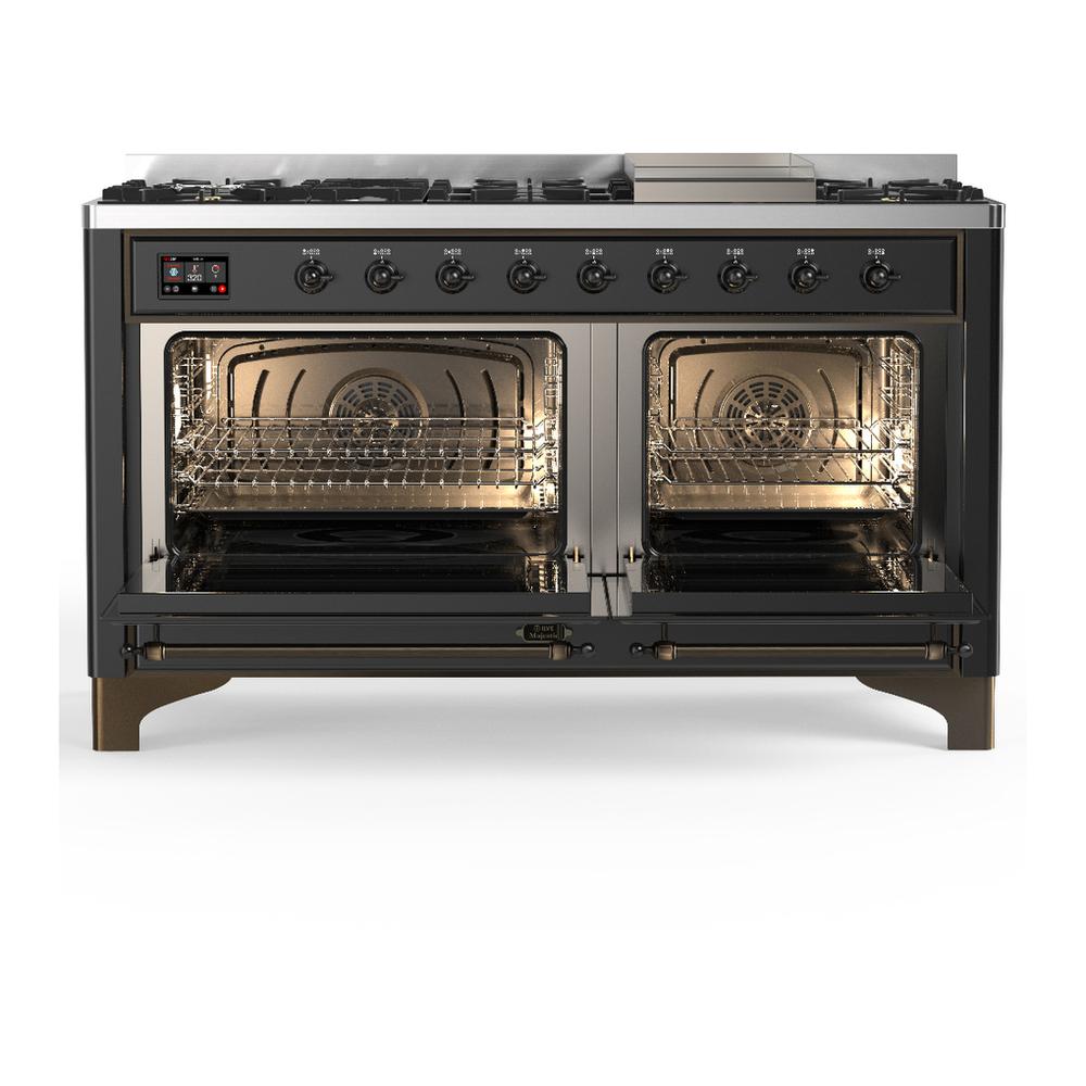 Ilve UM60FNR3MGB Ilve Um60Fnr3Mgb Majestic Iii 60 Inch Dual Fuel Range With 9 Burners And Griddle, Dual Function Burner Up To 25,000 Btu (Natural Gas, Triple Glass Door, Graphite Matte, Burnished)