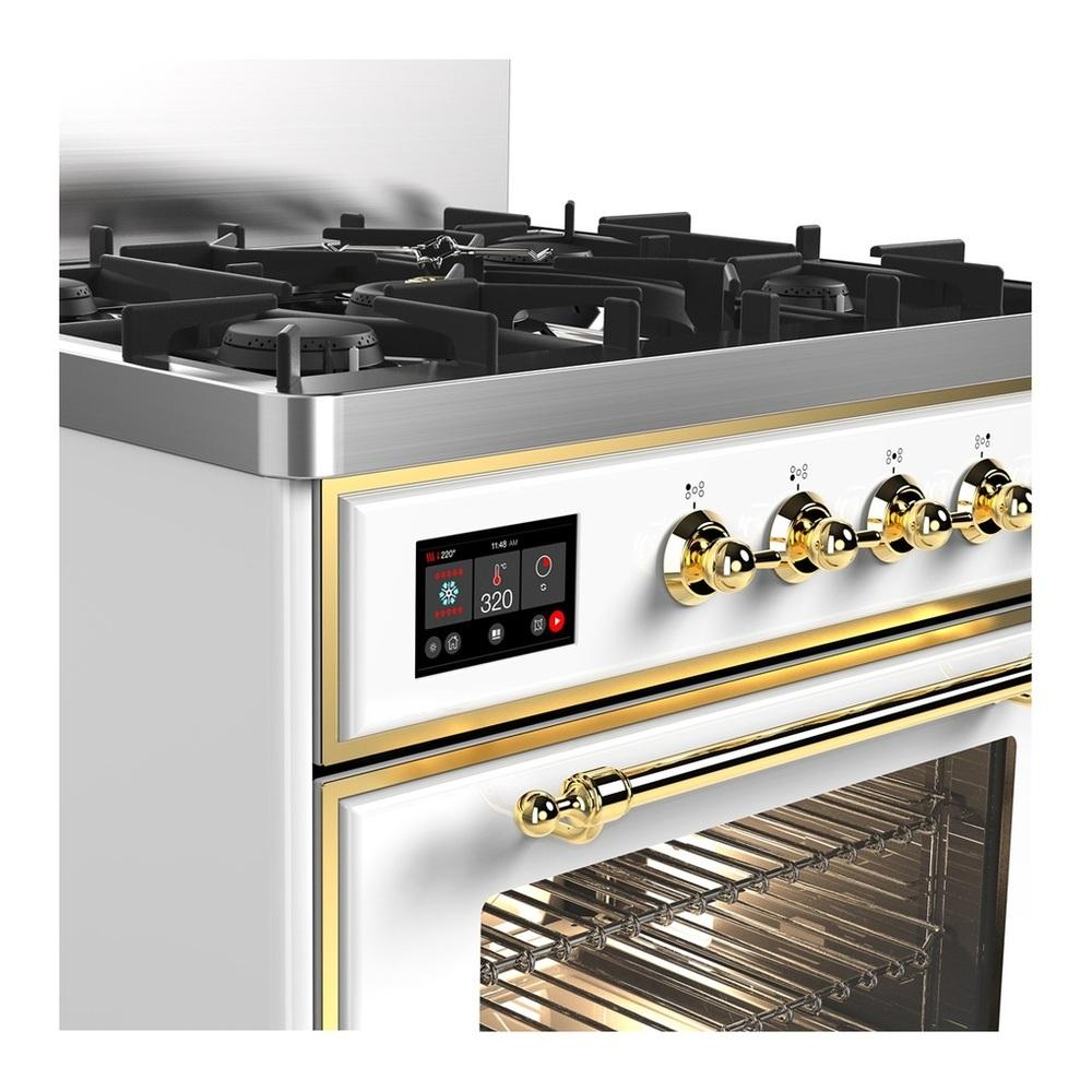 Ilve UM30NR3WHGLP Ilve Um30Nr3Whglp Majestic Iii 30 Inch Dual Fuel Range With 5 Black Brass Burners, Dual Function Burner Up To 25,000 Btu (Liquid Propane, Triple Glass Door, White, Brass)