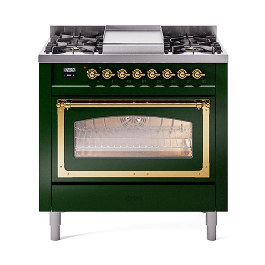 Ilve UN36FNMPEGG Ilve Un36Fnmpegg Nostalgie Ii Noblesse 36" Dual Fuel Range (Natural Gas, Triple Glass Door, Emerald Green, Brass)