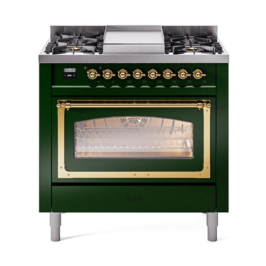 Ilve UN36FNMPEGG Ilve Un36Fnmpegg Nostalgie Ii Noblesse 36" Dual Fuel Range (Natural Gas, Triple Glass Door, Emerald Green, Brass)