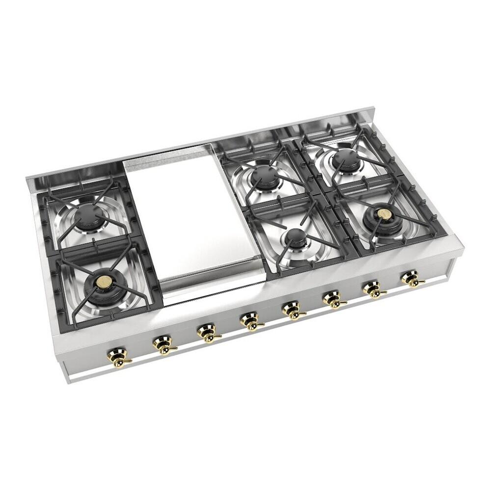 Ilve UHCP48FNSSGLP Ilve Uhcp48Fnssglp Nostalgie Ii 48 Inch Built-In Gas Rangetop With Griddle, In Stainless Steel (Liquid Propane, Brass)