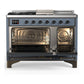 Ilve UM48FSQNR3BGB Ilve Um48Fsqnr3Bgb Majestic Iii 48 Inch Dual Fuel Range With 5 Black Brass Burners, Griddle And French Top, Dual Function Burner Up To 25,000 Btu (Natural Gas, Solid Door, Blue Grey, Burnished)