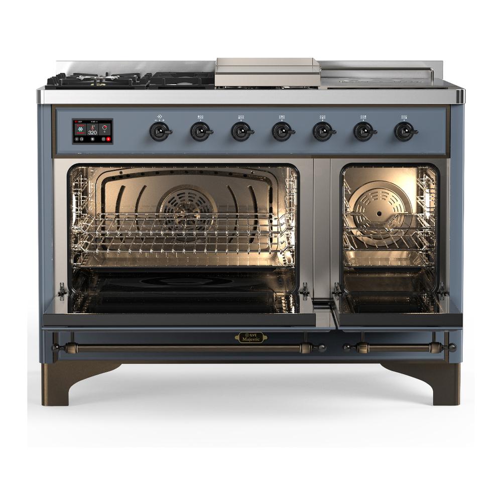 Ilve UM48FSQNR3BGB Ilve Um48Fsqnr3Bgb Majestic Iii 48 Inch Dual Fuel Range With 5 Black Brass Burners, Griddle And French Top, Dual Function Burner Up To 25,000 Btu (Natural Gas, Solid Door, Blue Grey, Burnished)