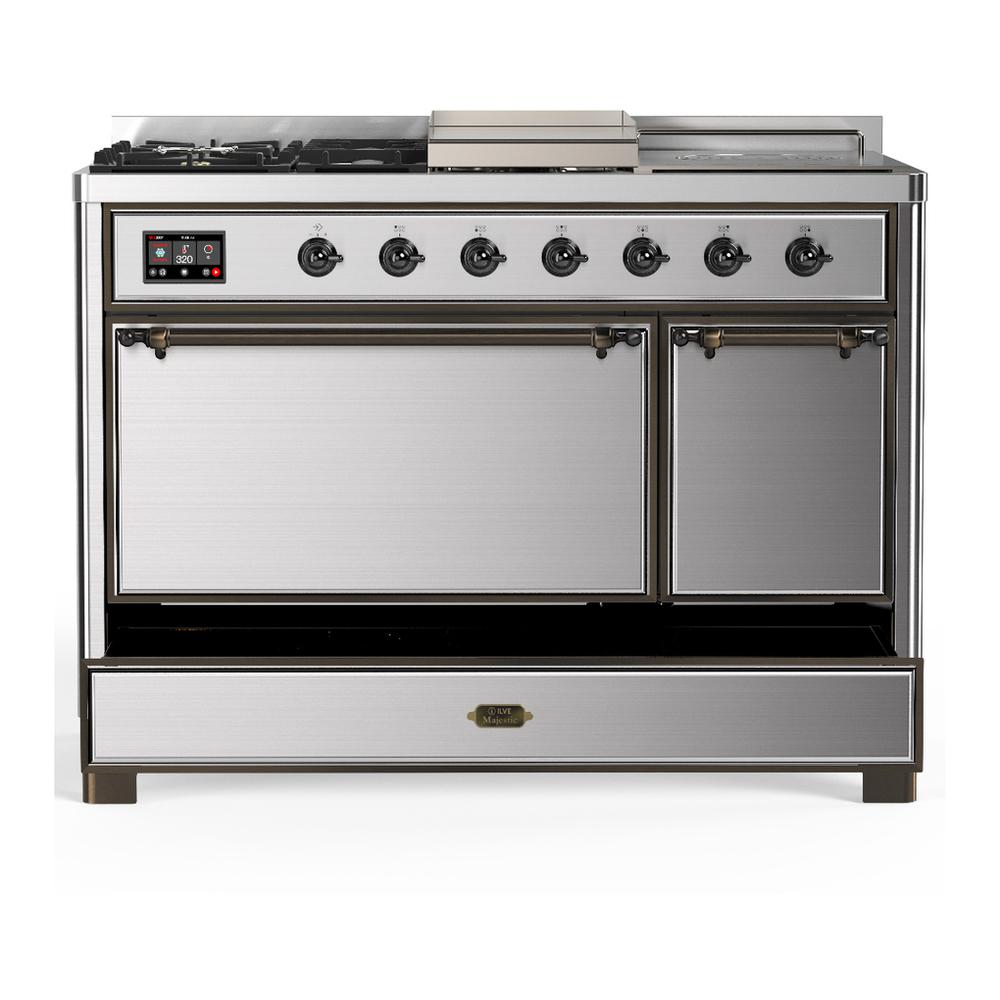 Ilve UM48FSQNR3SSB Ilve Um48Fsqnr3Ssb Majestic Iii 48 Inch Dual Fuel Range With 5 Black Brass Burners, Griddle And French Top, Dual Function Burner Up To 25,000 Btu (Natural Gas, Solid Door, Stainless Steel, Burnished)