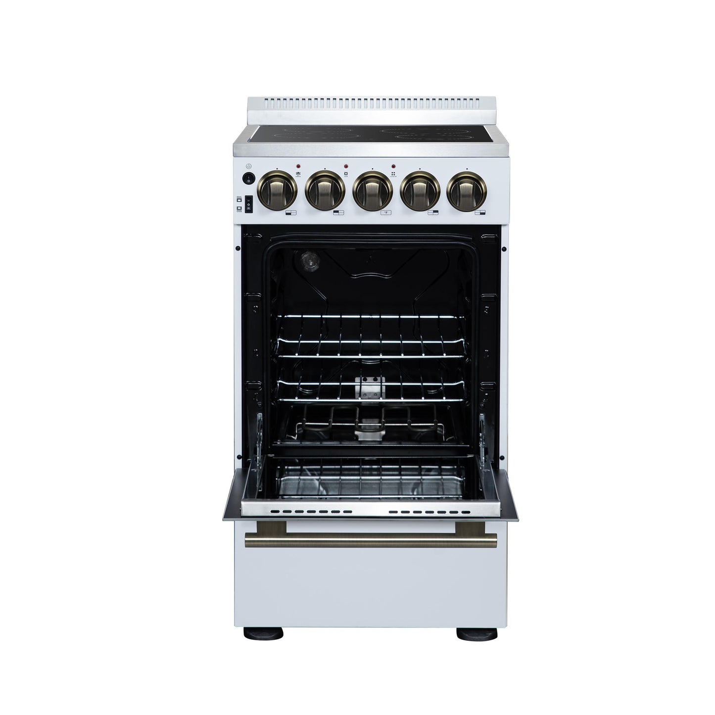 Forno FFSEL605220WHT Forno Pallerano 20 Inch Freestanding Electric Range In White With Antique Brass, Compact Design