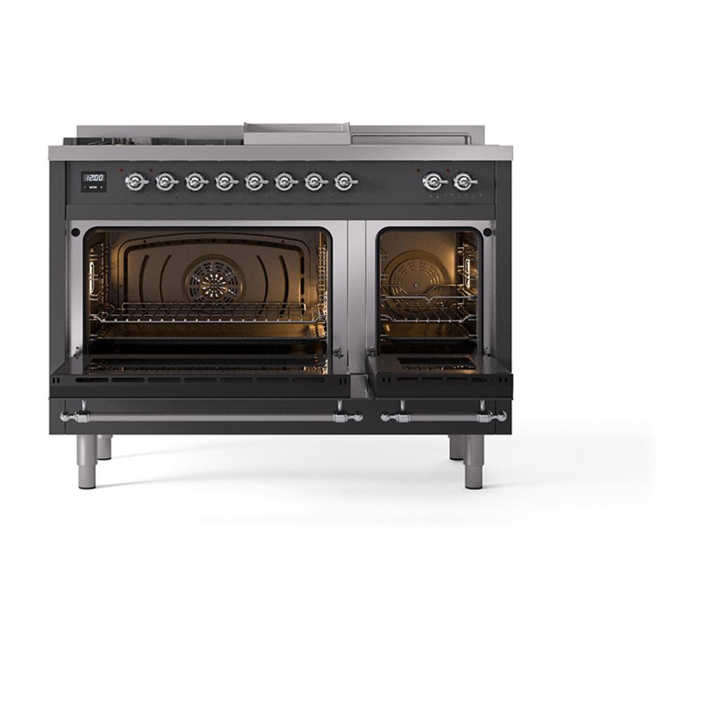 Ilve UN48FSNMPMGCLP Ilve Un48Fsnmpmgclp Nostalgie Ii Noblesse 48" Dual Fuel Range (5 Sealed Burners + Griddle + French Top, Liquid Propane, Triple Glass Door, Graphite Matte, Chrome)