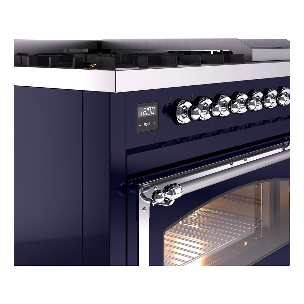 Ilve UN48FNMPMBC Ilve Un48Fnmpmbc Nostalgie Ii Noblesse 48" Dual Fuel Range (8 Sealed Burners + Griddle, Natural Gas, Triple Glass Door, Midnight Blue, Chrome)