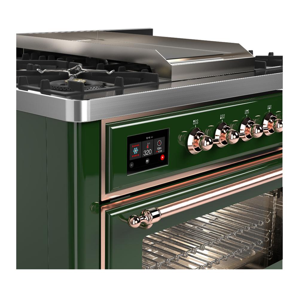 Ilve UM36FNR3EGPLP Ilve Um36Fnr3Egplp Majestic Iii 36 Inch Dual Fuel Range With 6 Black Brass Burners And Griddle, Dual Function Burner Up To 25,000 Btu (Triple Glass Door, Emerald Green, Copper, Liquid Propane)