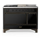 Ilve UM48FSQNR3BKB Ilve Um48Fsqnr3Bkb Majestic Iii 48 Inch Dual Fuel Range With 5 Black Brass Burners, Griddle And French Top, Dual Function Burner Up To 25,000 Btu (Natural Gas, Solid Door, Glossy Black, Burnished)