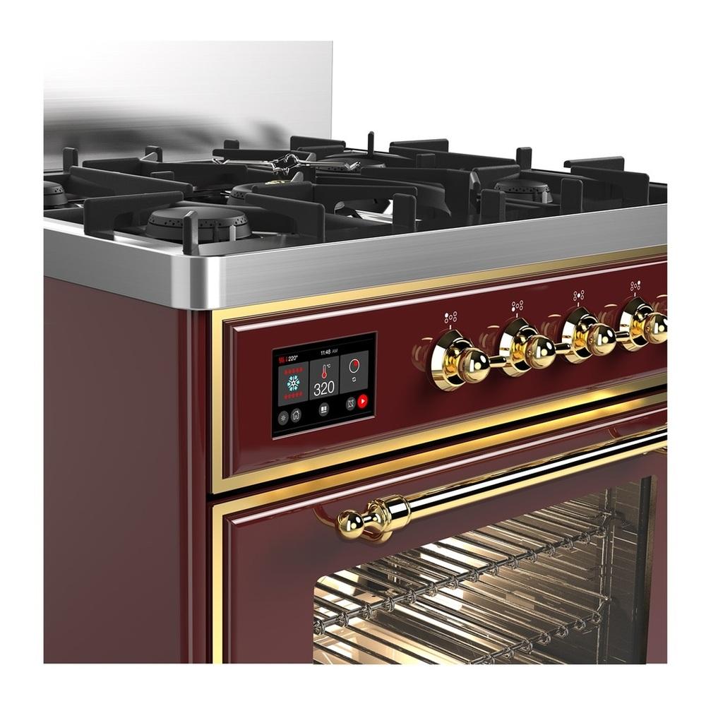 Ilve UM30NR3BUG Ilve Um30Nr3Bug Majestic Iii 30 Inch Dual Fuel Range With 5 Black Brass Burners, Dual Function Burner Up To 25,000 Btu (Natural Gas, Triple Glass Door, Burgundy, Brass)