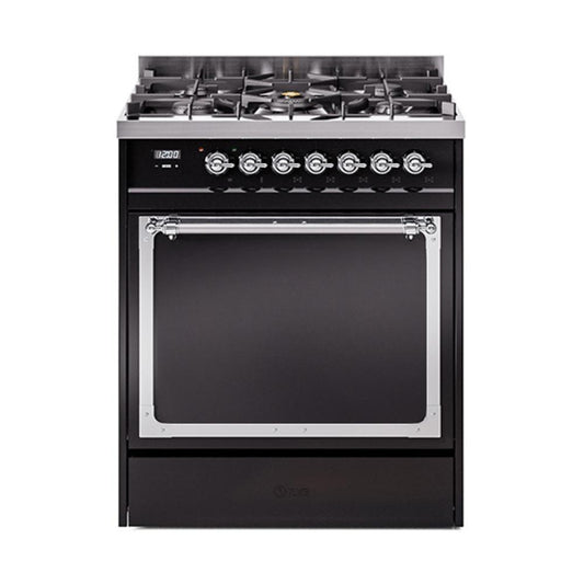 Ilve UN30QNMPBKCLP Ilve Un30Qnmpbkclp Nostalgie Ii Noblesse 30" Dual Fuel Range (Liquid Propane, Solid Door, Glossy Black, Chrome)
