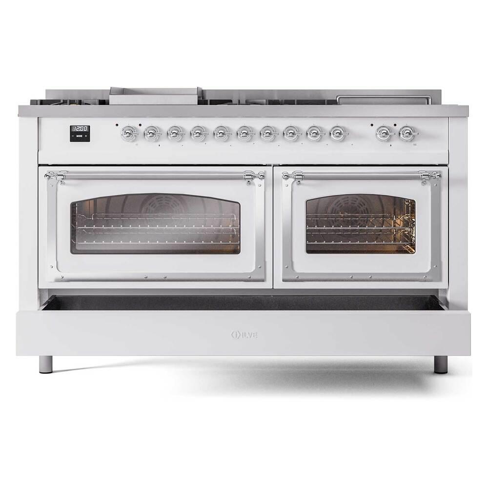 Ilve UN60FSNMPWHCLP Ilve Un60Fsnmpwhclp Nostalgie Ii Noblesse 60" Dual Fuel Range (7 Sealed Burners + Griddle + French Top, Liquid Propane, Triple Glass Door, White, Chrome)