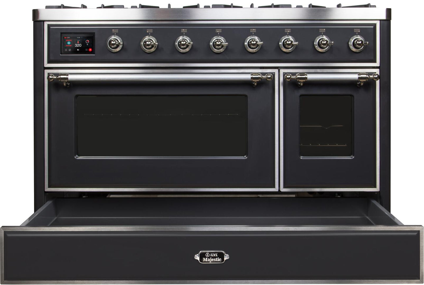 Ilve UM12FDNS3MGC Majestic Ii 48 Inch Dual Fuel Natural Gas Freestanding Range In Matte Graphite With Chrome Trim