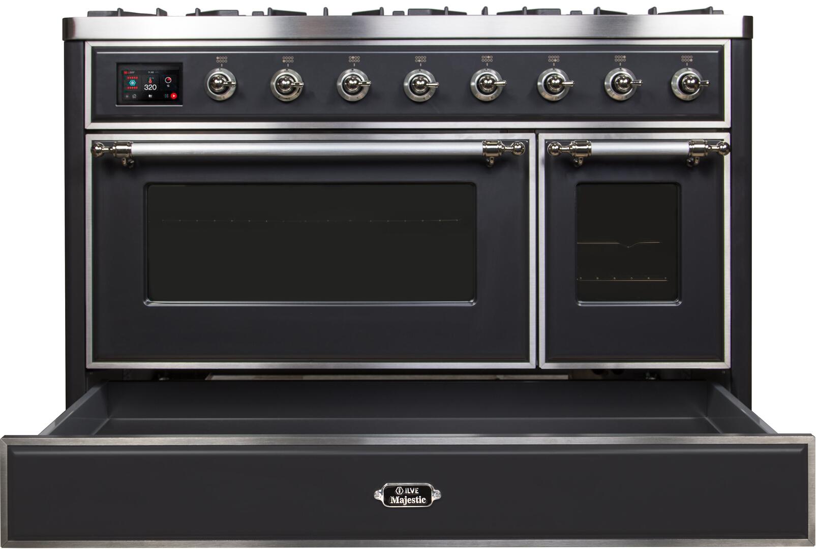 Ilve UM12FDNS3MGC Majestic Ii 48 Inch Dual Fuel Natural Gas Freestanding Range In Matte Graphite With Chrome Trim