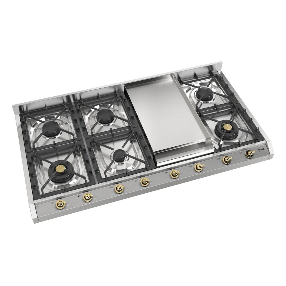 Ilve UHCP1265FNSSG Ilve Uhcp1265Fnssg Nostalgie Ii 48 Inch Built-In Gas Cooktop With 8 Burners, Griddle, In Stainless Steel (Natural Gas)