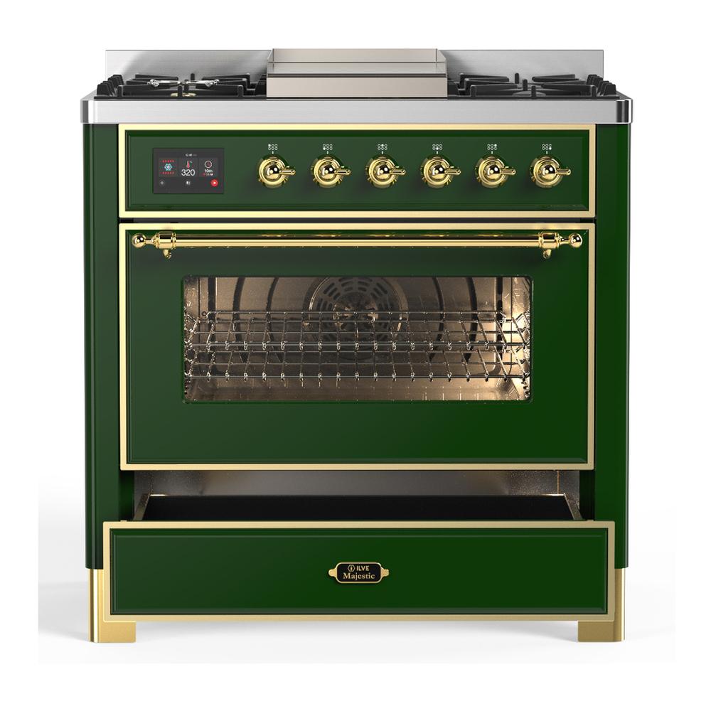 Ilve UM36FNR3EGGLP Ilve Um36Fnr3Egglp Majestic Iii 36 Inch Dual Fuel Range With 6 Black Brass Burners And Griddle, Dual Function Burner Up To 25,000 Btu (Triple Glass Door, Emerald Green, Brass, Liquid Propane)