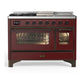 Ilve UM48FSNR3BUB Ilve Um48Fsnr3Bub Majestic Iii 48 Inch Dual Fuel Range With 5 Black Brass Burners, Griddle And French Top, Dual Function Burner Up To 25,000 Btu (Natural Gas, Triple Glass Door, Burgundy, Burnished)