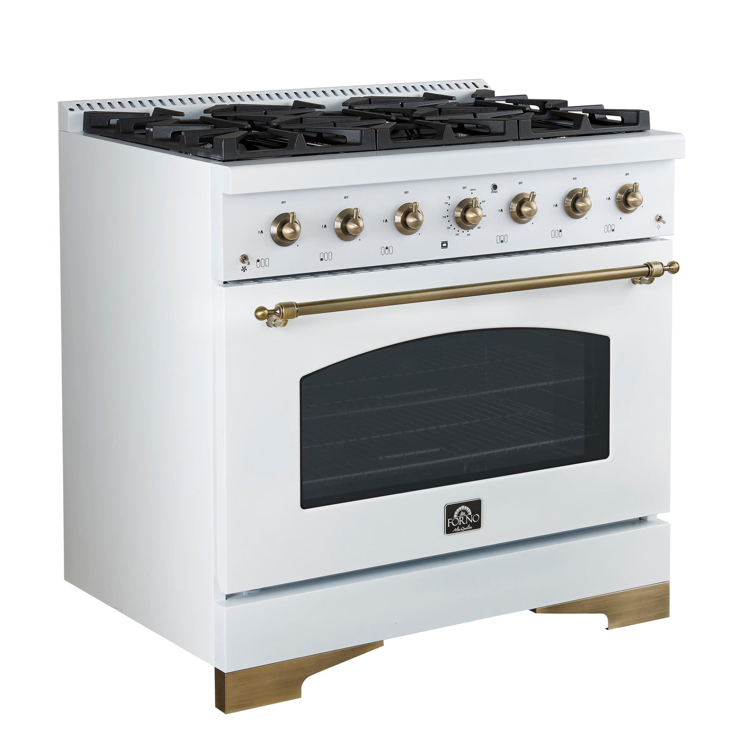 Forno FFSGS621936WHT Forno Antico 36-Inch Freestanding Gas Range, White, Antique Brass Design, 6 Burners, Convection Oven, Energy Efficient