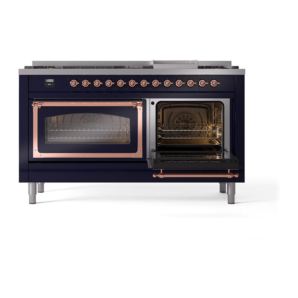 Ilve UN60FNMPMBPLP Ilve Un60Fnmpmbplp Nostalgie Ii Noblesse 60" Dual Fuel Range (9 Sealed Burners + Griddle, Liquid Propane, Triple Glass Door, Midnight Blue, Copper)