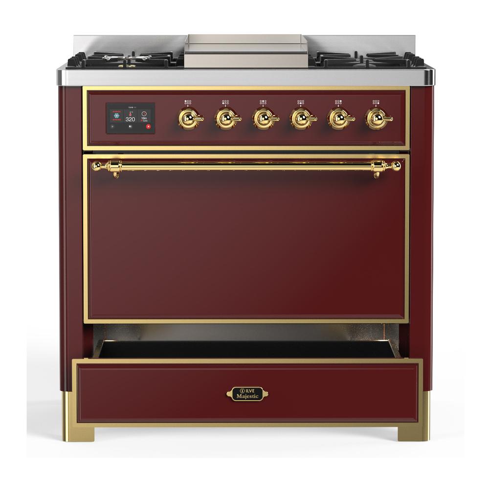 Ilve UM36FQNR3BUGLP Ilve Um36Fqnr3Buglp Majestic Iii 36 Inch Dual Fuel Range With 6 Black Brass Burners And Griddle, Dual Function Burner Up To 25,000 Btu (Solid Door, Burgundy, Brass, Liquid Propane)