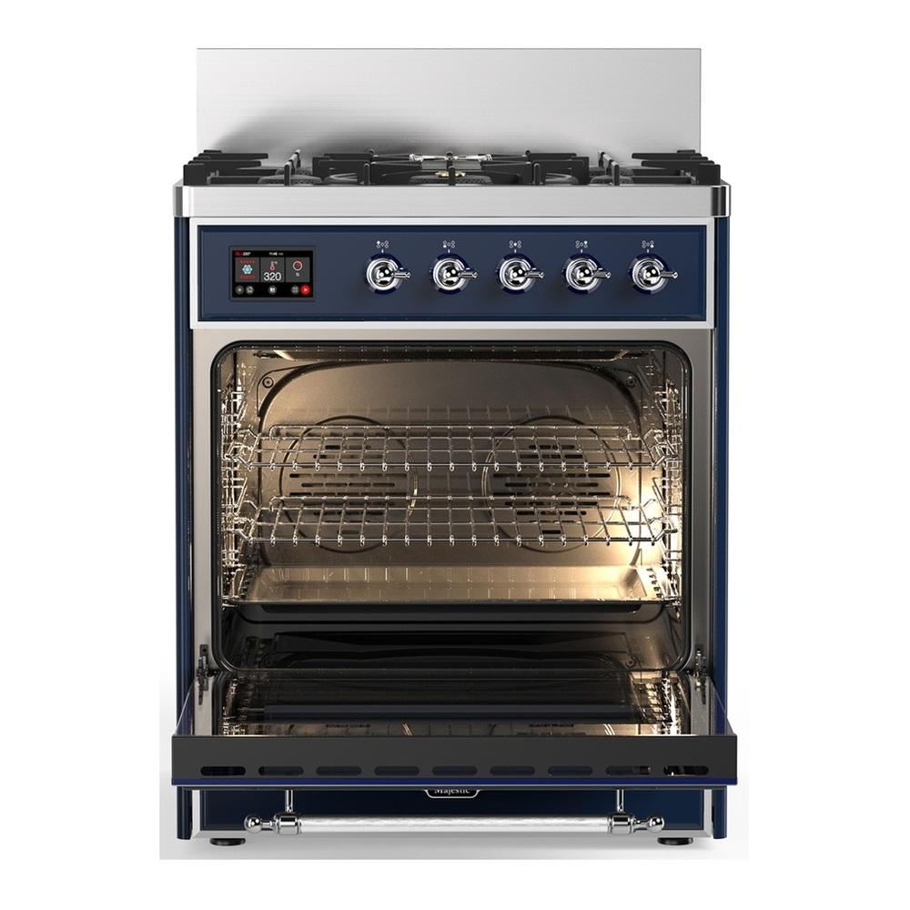 Ilve UM30QNR3MBCLP Ilve Um30Qnr3Mbclp Majestic Iii 30 Inch Dual Fuel Range With 5 Black Brass Burners, Dual Function Burner Up To 25,000 Btu (Liquid Propane, Solid Door, Midnight Blue, Chrome)