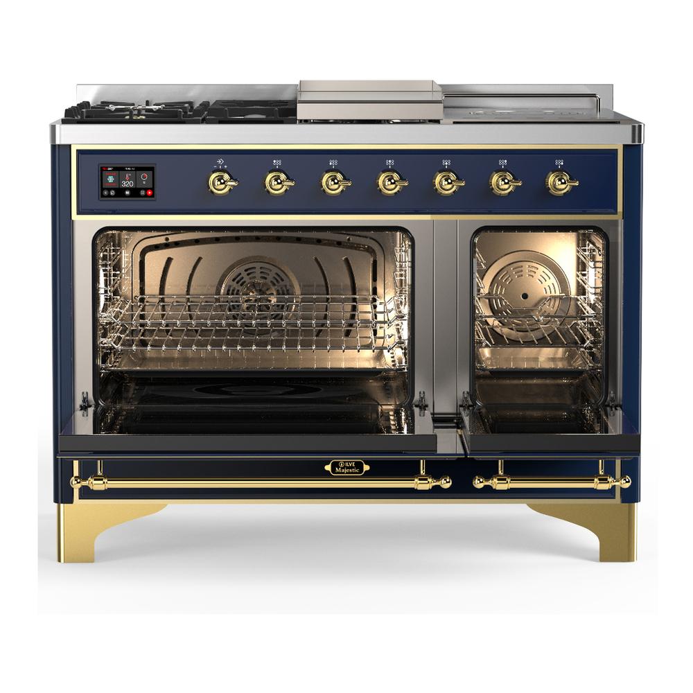 Ilve UM48FSNR3MBG Ilve Um48Fsnr3Mbg Majestic Iii 48 Inch Dual Fuel Range With 5 Black Brass Burners, Griddle And French Top, Dual Function Burner Up To 25,000 Btu (Natural Gas, Triple Glass Door, Midnight Blue, Brass)