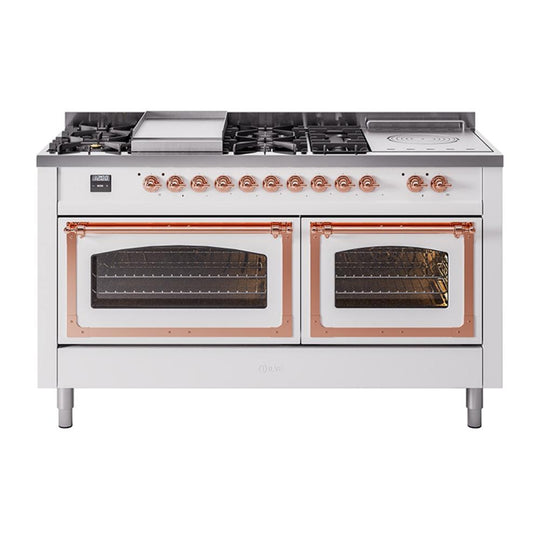 Ilve UN60FSNMPWHPLP Ilve Un60Fsnmpwhplp Nostalgie Ii Noblesse 60" Dual Fuel Range (7 Sealed Burners + Griddle + French Top, Liquid Propane, Triple Glass Door, White, Copper)