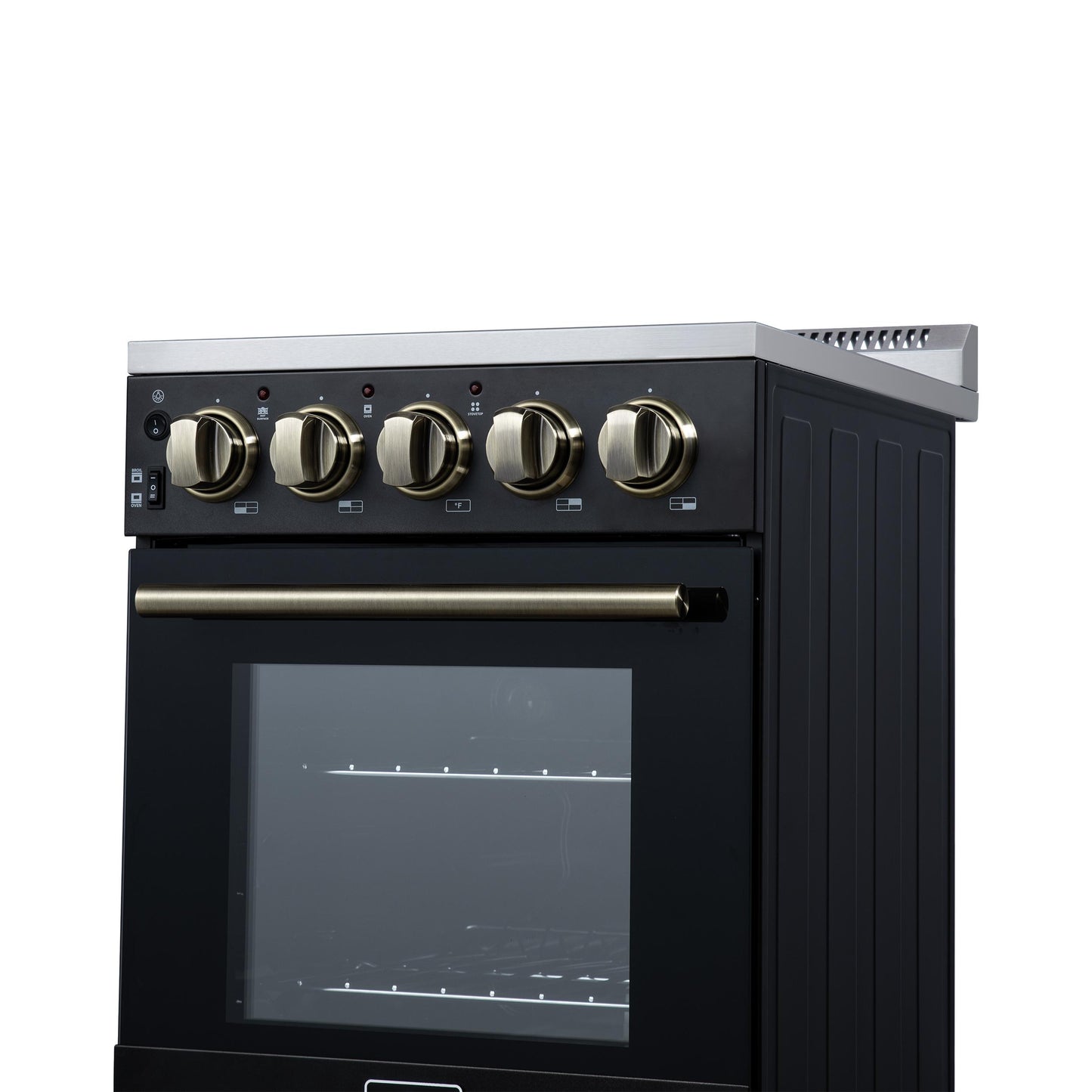 Forno FFSEL605220BLK Forno Pallerano 20 Inch Freestanding Electric Range In Black With Antique Brass, Compact Design
