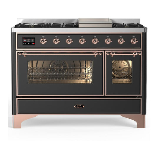 Ilve UM48FNR3MGPLP Ilve Um48Fnr3Mgplp Majestic Iii 48 Inch Dual Fuel Range With 8 Burners And Griddle, Dual Function Burner Up To 25,000 Btu (Liquid Propane, Triple Glass Door, Graphite Matte, Copper)