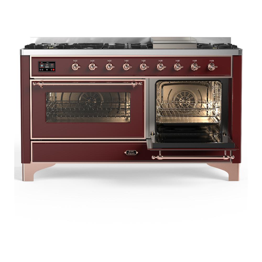 Ilve UM60FNR3BUP Ilve Um60Fnr3Bup Majestic Iii 60 Inch Dual Fuel Range With 9 Burners And Griddle, Dual Function Burner Up To 25,000 Btu (Natural Gas, Triple Glass Door, Burgundy, Copper)