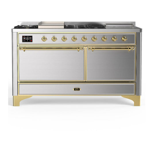 Ilve UM60FSQNR3SSG Ilve Um60Fsqnr3Ssg Majestic Iii 60 Inch Dual Fuel Range With 7 Burners, Griddle And French Top, Dual Function Burner With Up To 25,000 Btu (Natural Gas, Solid Door, Stainless Steel, Brass)