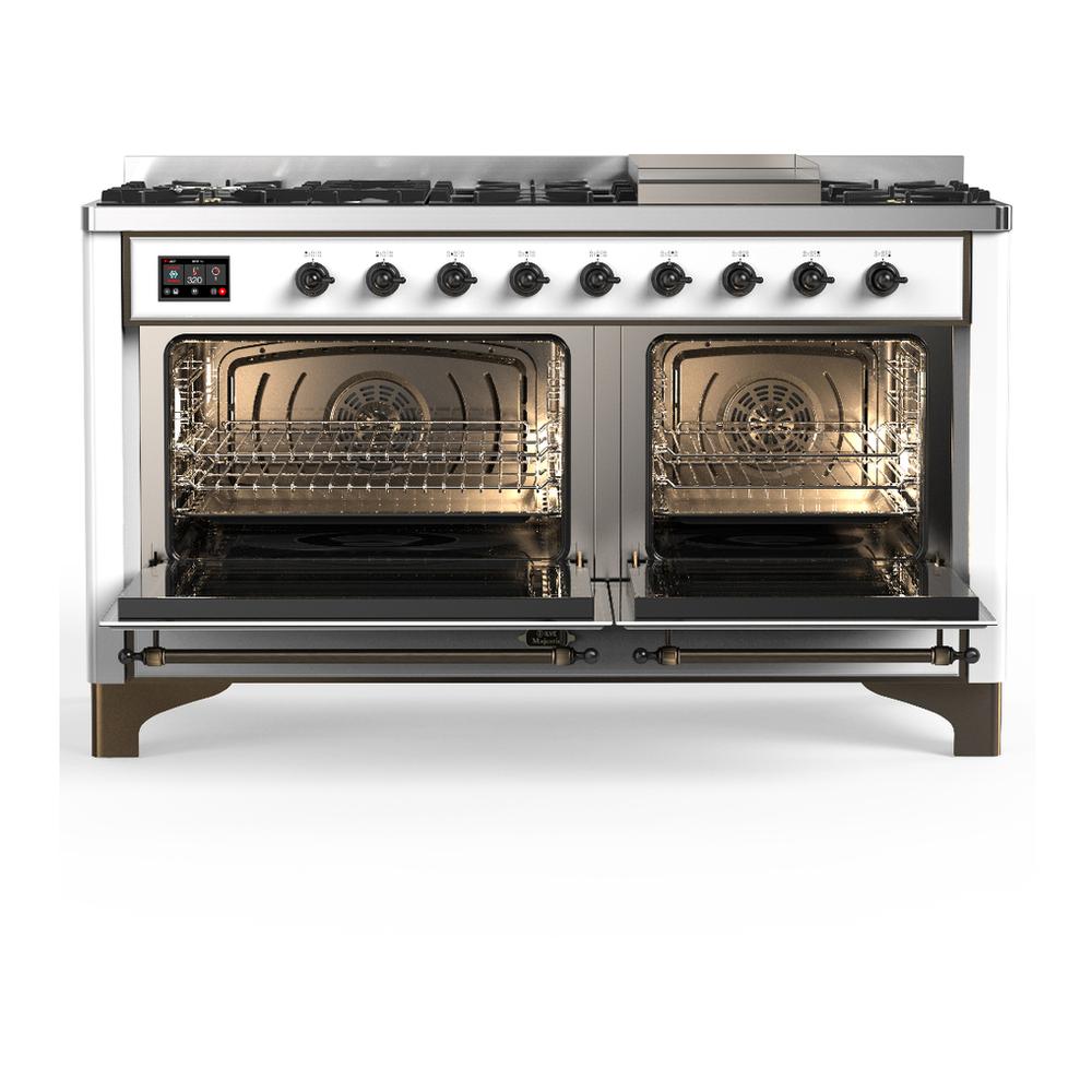 Ilve UM60FNR3WHBLP Ilve Um60Fnr3Whblp Majestic Iii 60 Inch Dual Fuel Range With 9 Burners And Griddle, Dual Function Burner Up To 25,000 Btu (Liquid Propane, Triple Glass Door, White, Burnished)
